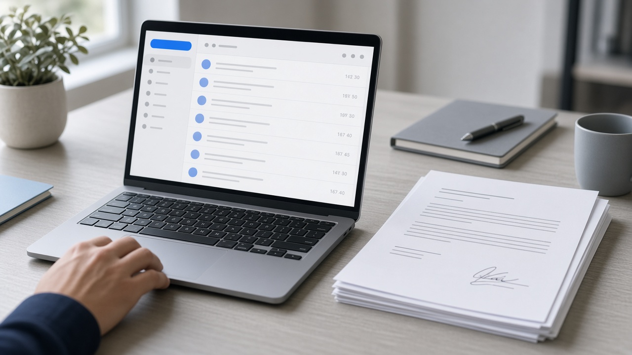 Laptop open to an email inbox beside a signed paper document on a desk