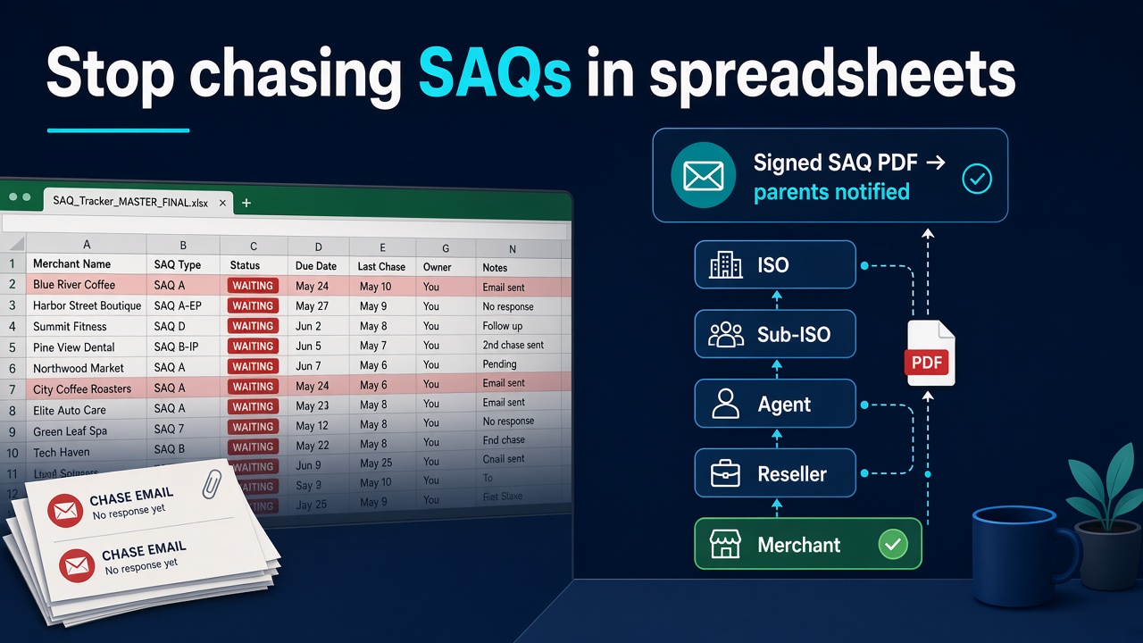 Spreadsheet of merchant SAQ chase status beside a hierarchy tree where a completed signed SAQ PDF escalates to parent admins.