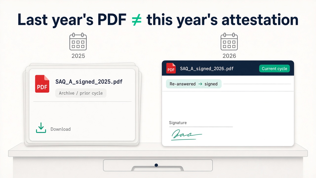 Prior-year SAQ_A_signed_2025.pdf marked archive beside a new current-cycle SAQ_A_signed_2026.pdf being re-answered and signed.