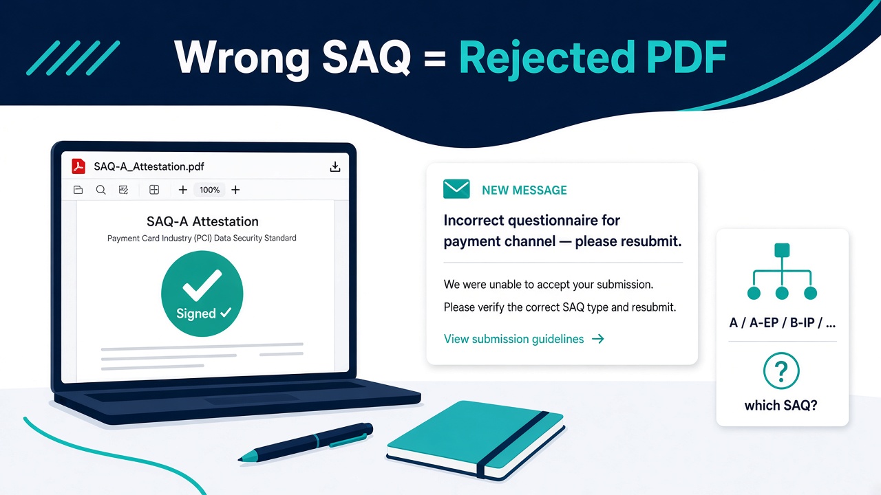 Signed SAQ PDF next to an acquirer rejection email asking for the correct questionnaire.
