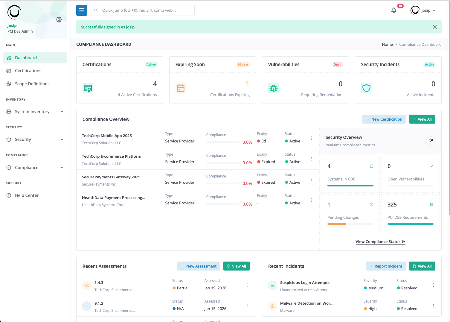 PCIDSS Dashboard - Compliance Management Interface